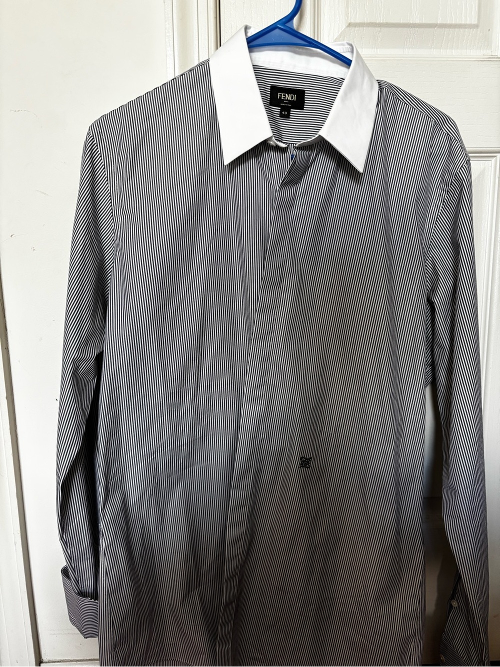 Fendi Black & White Pinstripe Dress Shirt with White Contrast Collar